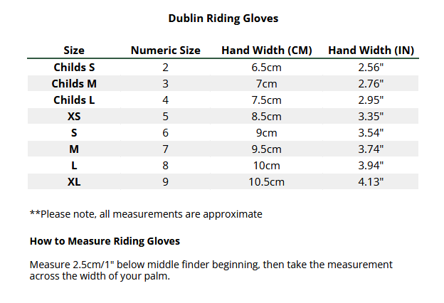 2025 Dublin Riding Gloves  Größentabelle